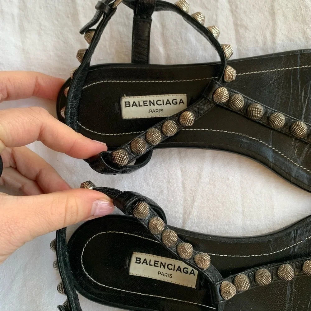 Vintage Balenciaga Arena Silver Stud Leather Thong T Sandals Black